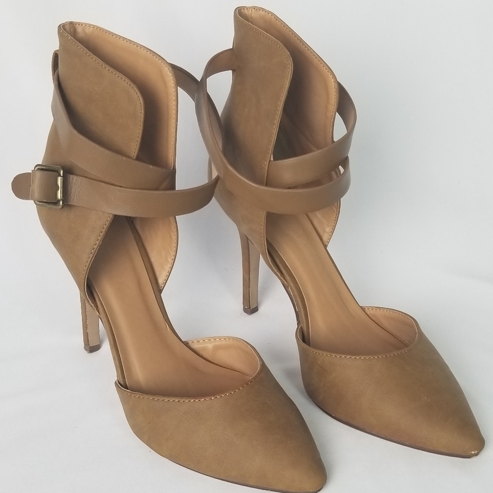 Tan Q Ankle Strap Stilleto Heels 7.5